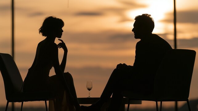 Silhouettes of a couple in a romantic meeting, emotional romantic scene