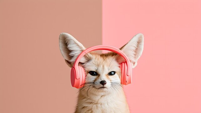 Fennec fox wearing pink headphones against a split pink and beige background, cute and stylish studio portrait