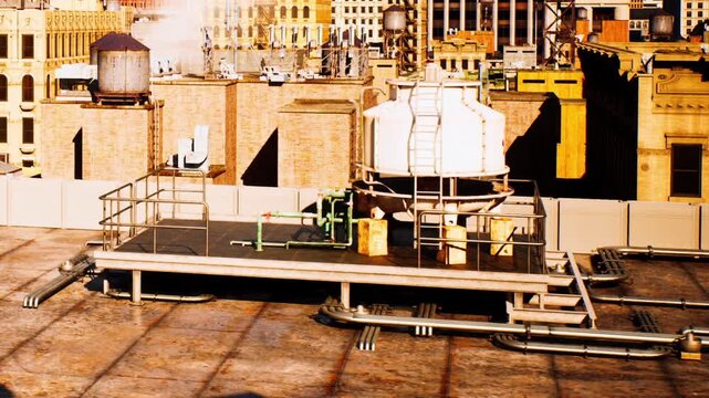 A water tank sits on a rooftop surrounded by pipes in a busy city. The scene shows buildings with clear skies. Sunlight highlights the structures and surroundings.