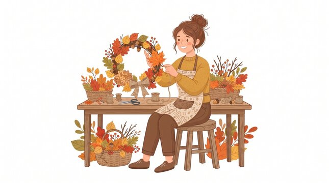 A woman is creating an autumn wreath at a wooden table filled with fall leaves and craft supplies. She is sitting on a stool and appears focused on her work, with a basket of foliage beside her