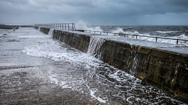 Coastal flooding overtopping a seawall represents storm surge, shoreline vulnerability, and the need for stronger coastal resilience infrastructure.