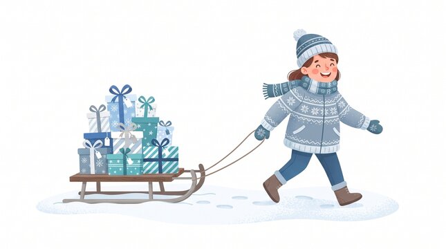 A young girl dressed in winter attire, pulling a sled laden with gifts through the snow, with footprints trailing behind her