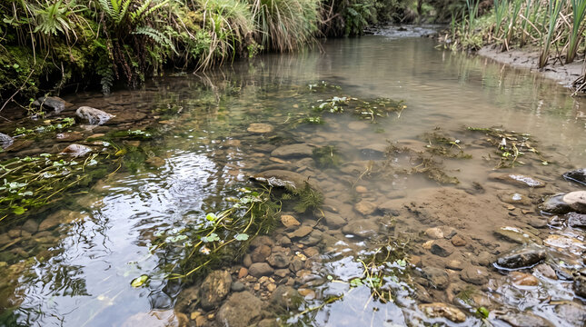 Biodiversity loss in a freshwater stream illustrates aquatic habitat degradation, ecosystem decline, and water quality concerns for environmental and ESG communication.