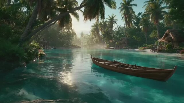 Summer hot vibe lifestyle. A vivid portrayal of a tropical paradise. The main subject is a serene body of water reflecting the golden hues of the setting sun. A wooden boat.