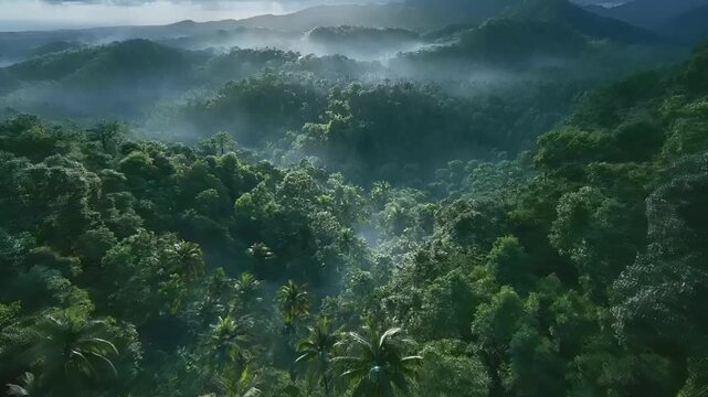 Summer hot vibe lifestyle. A vivid portrayal of a lush, tropical rainforest landscape. The main subject is a dense canopy of green trees, with various types of tropical plants.