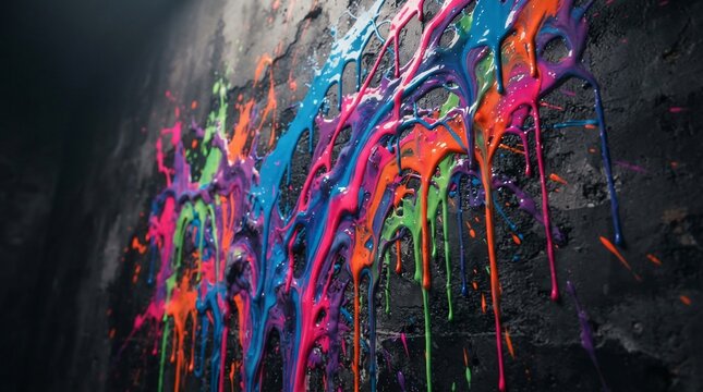 Vibrant paint drips flowing down a textured surface colorful abstract art