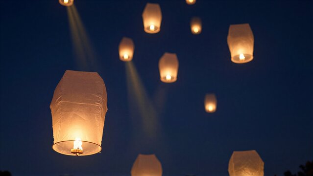 Floating lanterns glow against the night sky, casting warm light upward.