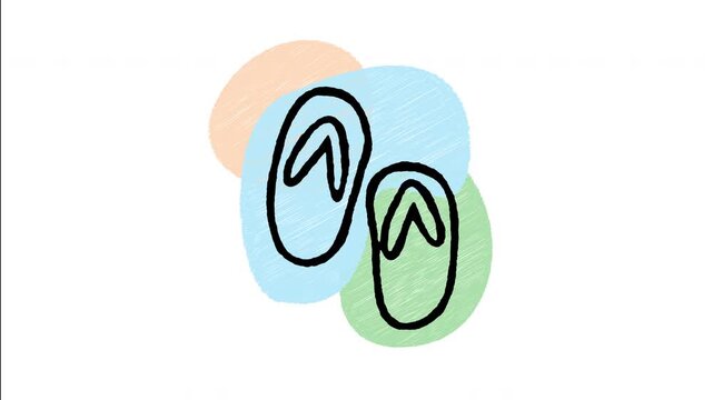 An animated hand-drawn pair of summer flip-flops sandals for beach walking. Perfect for casual footwear, beach attire, tropical vacation fashion, poolside wear, and summer slippers. 