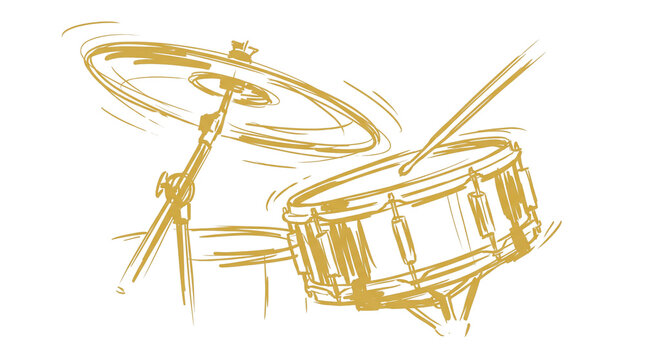 Vintage drum kit sketch, gold snare drum and cymbal illustration, hand drawn musical instrument art for jazz posters
