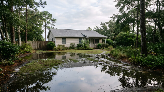 Coastal flooding across a residential landscape shows property vulnerability, saltwater exposure, climate risk, and the importance of resilient coastal planning.
