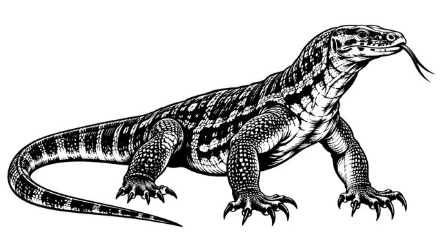 Wild Lizard Black and White Line Art Illustration