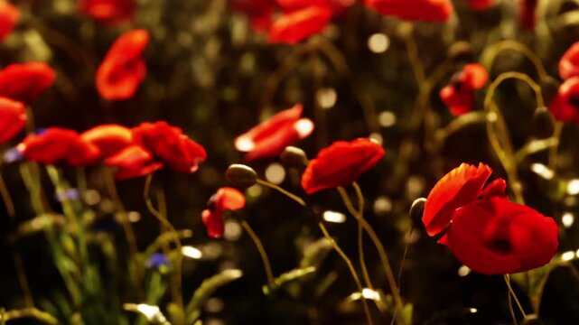 Bright red poppy flowers fill a green field under the sun during spring. They stand tall among green stems and buds. Light shines on the colorful scene, creating a lively atmosphere.