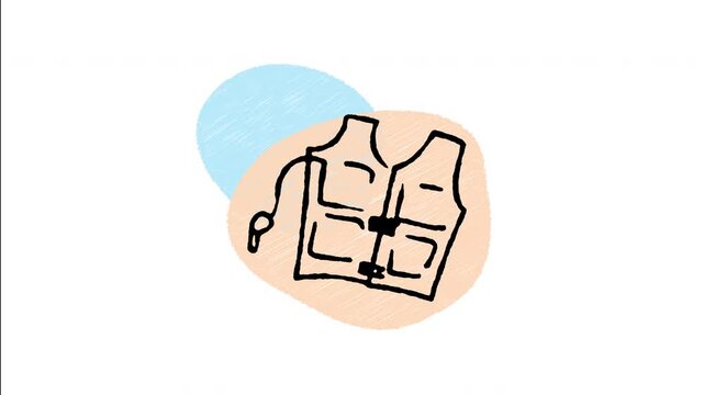 An animated hand-drawn safety life jacket vest equipped with a emergency whistle. Perfect for boat trips, water safety gear, sea rescue vest, island ferry travel, and kayaking equipment. 