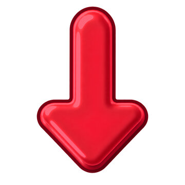 Glossy Red Down Arrow 3D Icon Isolated