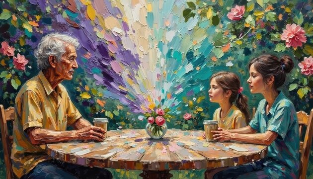 Elderly Man and Two Young Women Sharing Drinks at Floral Garden Table