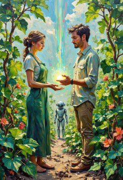 Romantic Couple in a Vibrant Nature Scene with Humanoid Robot and Fantasy Lighting
