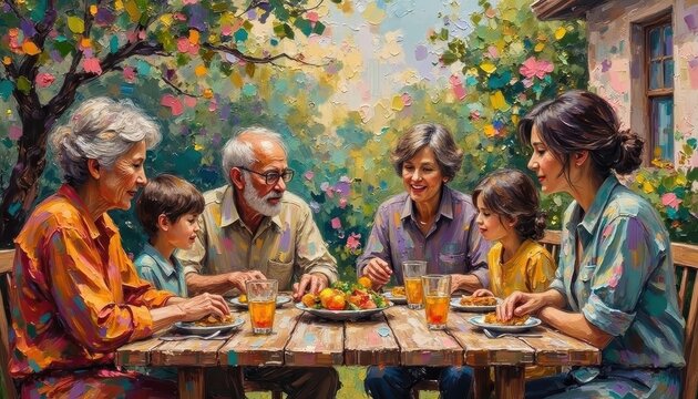 Family Gathering Enjoying Meal Outdoors in Garden with Flowering Tree