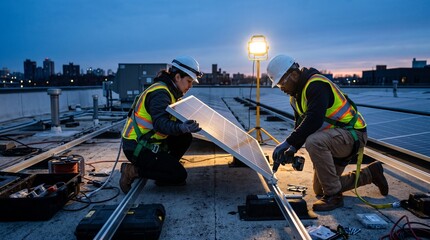Fototapeta premium Professional Diverse Team of Technicians Installing Solar Panels on a Commercial Building Rooftop at Dusk