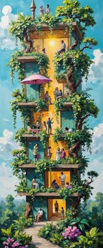 Creative multi-level treehouse with people enjoying outdoor activities and nature scenery