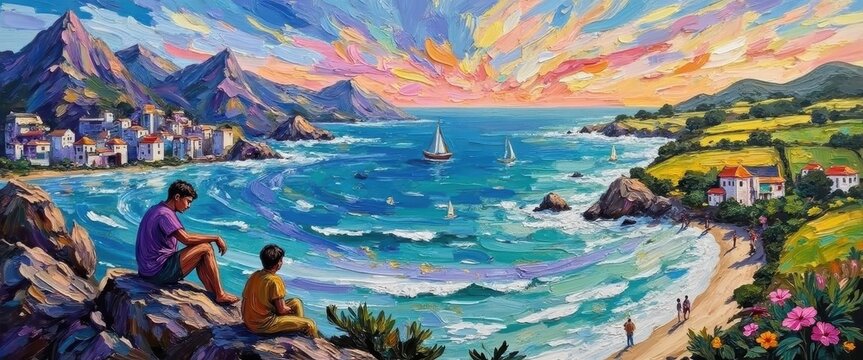Vibrant painting of coastal landscape with mountains, sea, and sunset sky