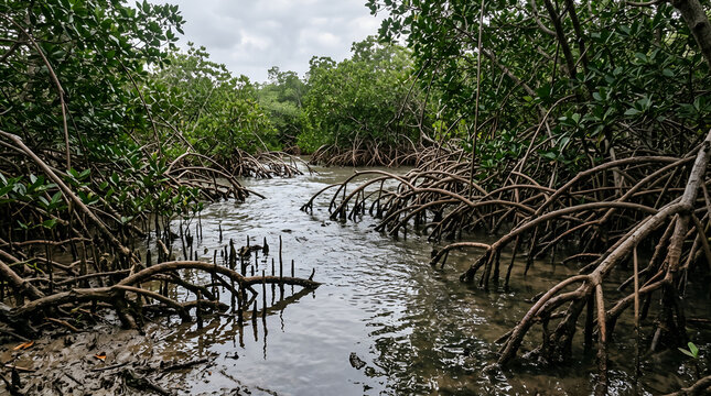 Coastal flooding through a mangrove wetland illustrates nature based coastal protection, sea level rise, ecosystem resilience, and climate adaptation.