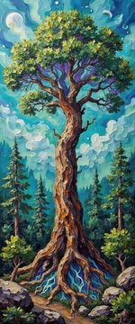 Tall Tree with Green Leaves Growing Among Mountain Landscape in Bright Sky