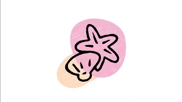 An animated hand-drawn seashell and starfish resting together on the beach sand. Ideal for sea life themes, coastal souvenirs, marine nature, tropical beach decorations, and biology. 