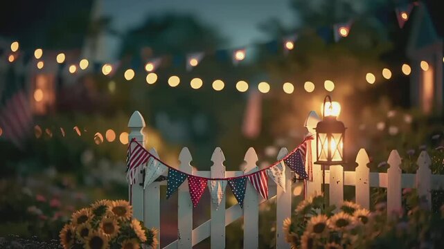 Summer hot vibe lifestyle. A nighttime scene features a white picket fence adorned with American flags and a lantern. Sunflowers in metal containers sit beside the fence.