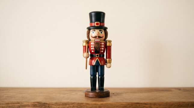 Traditional wooden nutcracker soldier figure standing on a rustic wooden table surface.