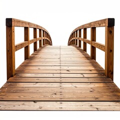 Obraz premium Elevated wooden bridge with railings, arching pathway on white, leading to blankness