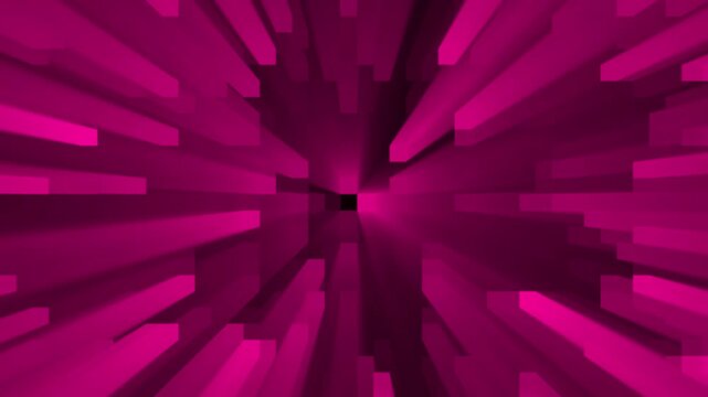 A vibrant magenta abstract background featuring a radial burst of extruded rectangular shapes that appear to recede into a central point, creating a dynamic, tunnel-like effect with strong perspective