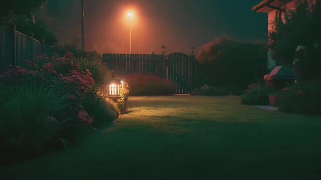 Summer hot vibe lifestyle. A nighttime landscape photograph depicts a serene garden scene. The main subject is a wellmaintained lawn with a pathway leading to a wooden fence.