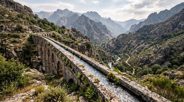 Ancient stone aqueduct bridge crossing a deep mountain valley with flowing water channel
