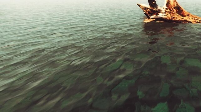 Water is calm with ripples visible on the surface. A log is resting on the edge of the water under sunlight. The scene shows clear water with reflections of light.