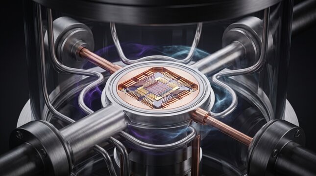 Advanced quantum computing processor microchip mounted inside a cryo cooling vacuum chamber surrounded by glowing plasma energy in a modern research laboratory.