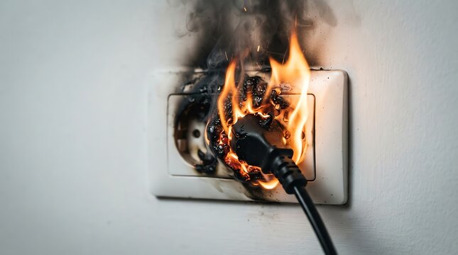 Electrical socket on fire with a plug inserted, sparking and smoking from a dangerous overload