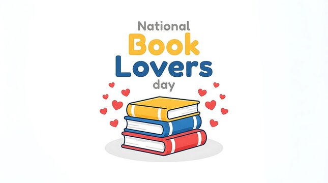 National Book Lovers Day illustration, stack of colorful books with red hearts, reading holiday concept, literature celebration graphic design, education and library festive mood