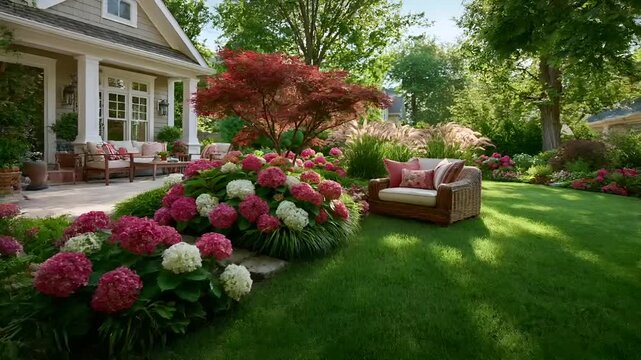 Summer hot vibe lifestyle. A vivid outdoor scene depicts a serene garden setting. The main subject is a wellmaintained garden with a variety of plants and flowers, including pink, white.