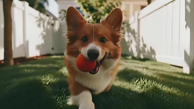 Summer hot vibe lifestyle. A vibrant outdoor portrait of a Pembroke Welsh Corgi dog. The dog is captured midplay, holding a bright orange ball in its mouth. Its fur is a mix of brown and white.