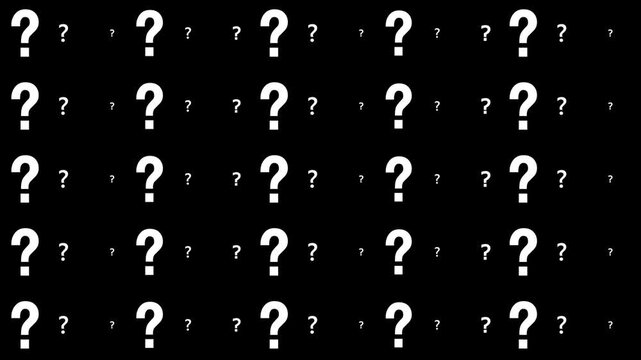 A grid of white question marks on a solid black background, arranged in five rows and ten columns, creating a pattern of uncertainty or inquiry