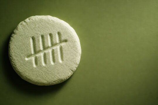Medication tablet with tally mark on green background