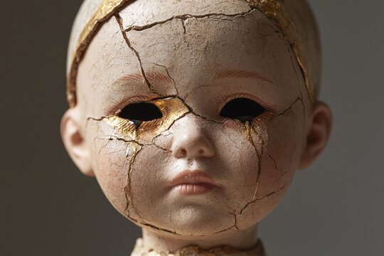 Child's vintage porcelain doll with cracked face and dark eye sockets, eerie art piece for collection or display