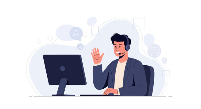 Friendly customer service agent with headset waving hello at computer screen, representing online support and communication.