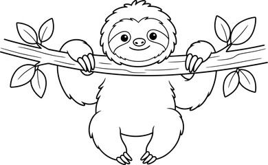 Naklejka premium Cute cartoon sloth hanging on a tree branch black and white line art illustration for coloring book