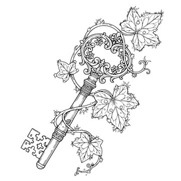 Ornate vintage skeleton key entwined with decorative ivy vines