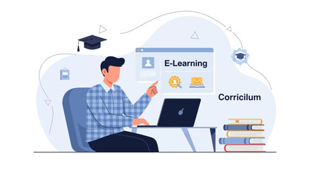 Fototapeta premium Online Education Concept: Student Learning E-Curriculum with Laptop and Books