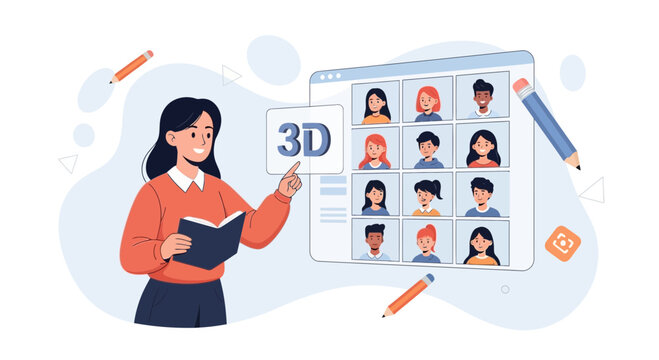 Teacher leading online class with diverse students on video conference, promoting 3D learning and digital education