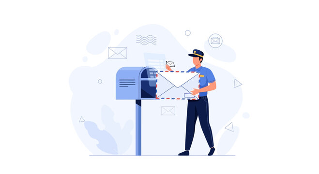 Postman Delivering Mail to Blue Mailbox, Flat Vector Illustration with Abstract Background Elements