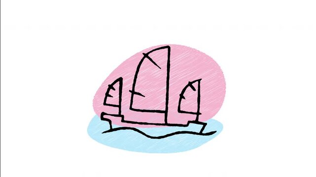 An animated hand-drawn traditional ancient Chinese junk boat sailing on water. Perfect for Asian maritime history, cultural heritage, historic wooden ships, and nautical travel. 