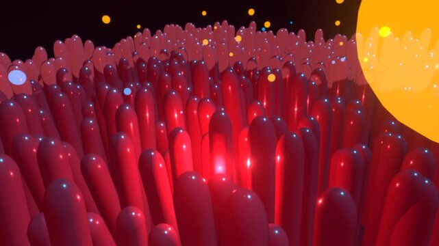 Intestinal Villi Hyperframe: A futuristic 3D digital animation depicting a microscopic view of red intestinal villi with glowing floating particles against a dark background, representing digestion, g